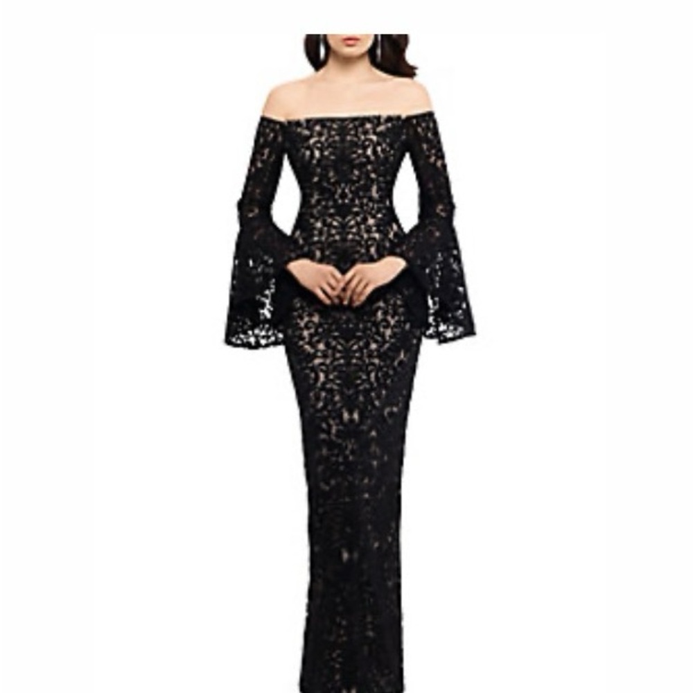 Xscape Black Off-the-Shoulder Lace Gown with Bell Sleeves